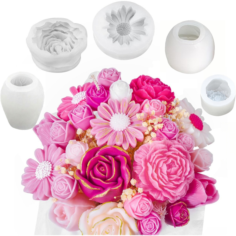 Candle Making Kits - 5-delige bloemkaarsvormset, 3D bloemvormige siliconen kaarsvorm,